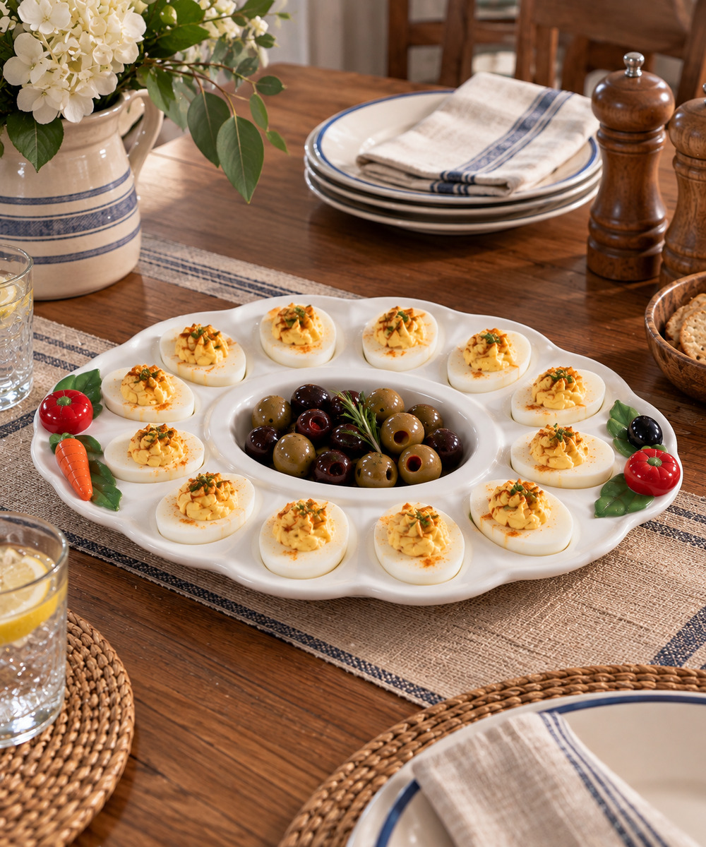 Vintage Italian Pottery Deviled Egg Trays White w/ Porcelain Vegetables on Ends